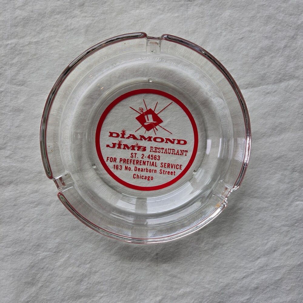 Vintage Diamond Jim's Restaurant Chicago Glass Advertising Ashtray MCM 1960s
